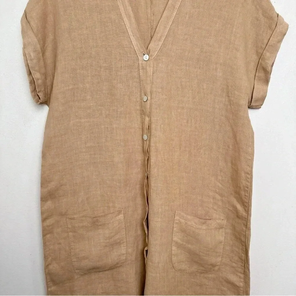 Made  In Italy Womens Medium Linen Vneck Button Tan Romper - Picture 7 of 13